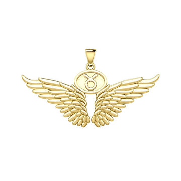 Guardian Angel Wings Solid Gold Pendant with Taurus Zodiac Sign GPD5516 - Jewelry